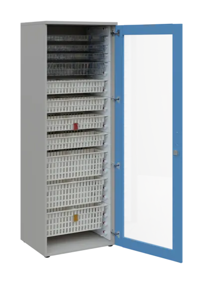 EUROMEDICA S - 66 skříň léková boxová, 1-dveřová/prosklená, pravá, 1950x660x535, korpus šedý, dvířka pastelově modrá